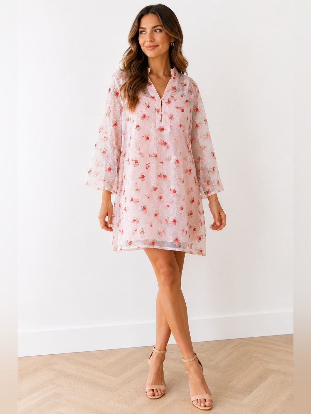 La Vie Style House Sheer Embroidered Mini Dress in Blush Pink Floral, One Size